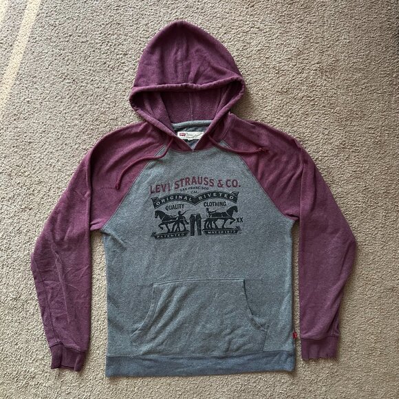 Levi Sweatshirt Mens Medium Pullover Hoodie Grey Red Logo Spellout - Picture 1 of 11